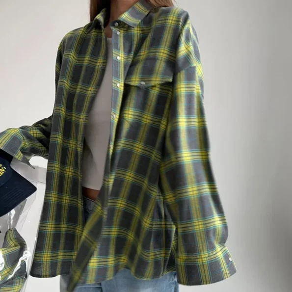 Oversized Plaid Shirt Autumn Winter Long Sleeve Loose Lapel Pocket Shirt Fit Blouse for Women Blouse Tops & Tees