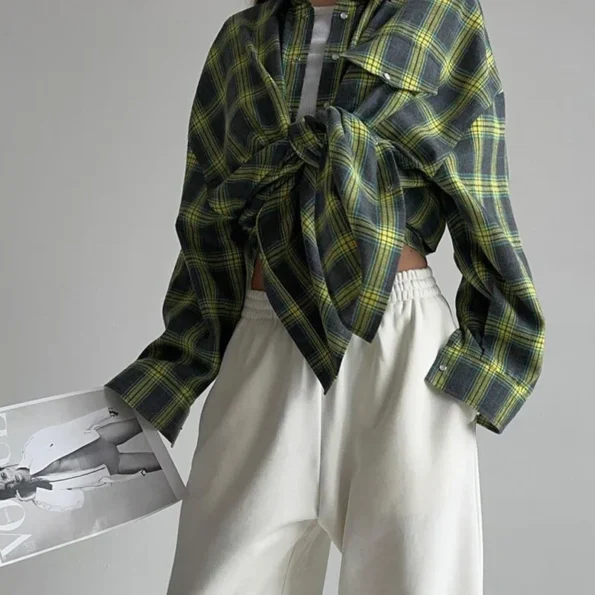 Oversized Plaid Shirt Autumn Winter Long Sleeve Loose Lapel Pocket Shirt Fit Blouse for Women Blouse Tops & Tees