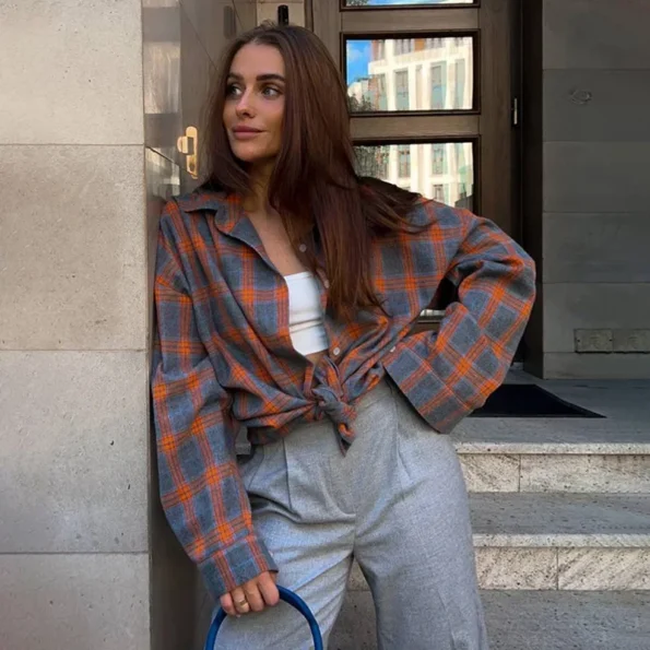 Oversized Plaid Shirt Autumn Winter Long Sleeve Loose Lapel Pocket Shirt Fit Blouse for Women Blouse Tops & Tees