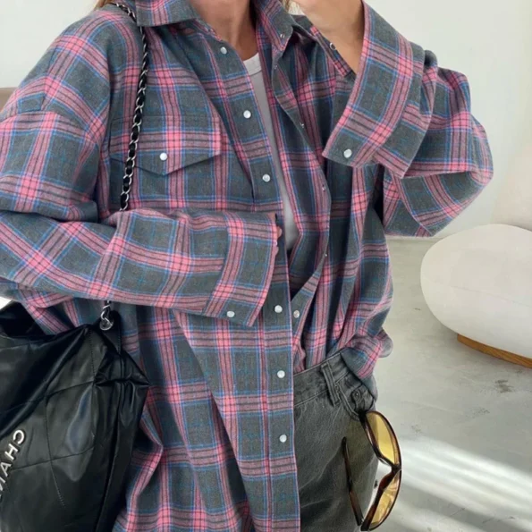 Oversized Plaid Shirt Autumn Winter Long Sleeve Loose Lapel Pocket Shirt Fit Blouse for Women Blouse Tops & Tees