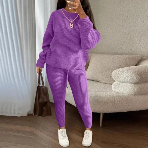 Winter Two Piece Sets Women Clothing Autumn Fashion Casual Solid Round Neck Pullover Loose Pit Knitted Sweater Pants Suits Piece Girl Clothing Sets