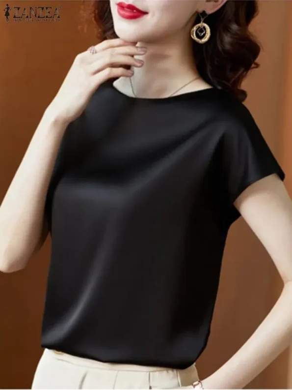 Elegant Short Sleeve Satin Tunic Chemise Blouse Shirt for  Women Chemise Tops & Tees