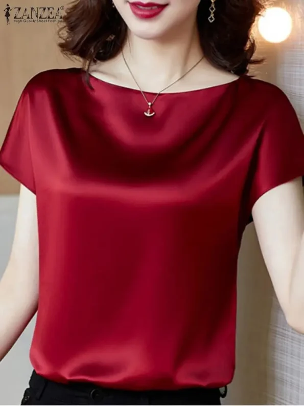 Elegant Short Sleeve Satin Tunic Chemise Blouse Shirt for  Women Chemise Tops & Tees