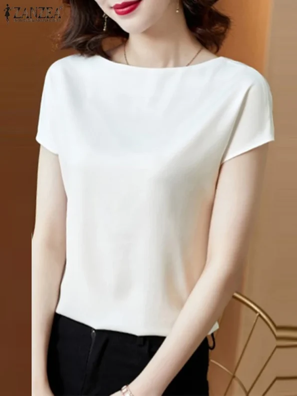 Elegant Short Sleeve Satin Tunic Chemise Blouse Shirt for  Women Chemise Tops & Tees