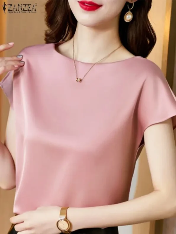 Elegant Short Sleeve Satin Tunic Chemise Blouse Shirt for  Women Chemise Tops & Tees
