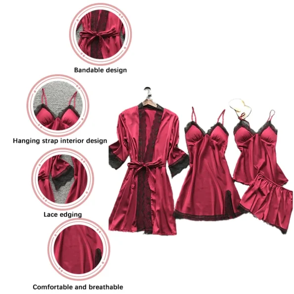 4 Pieces Sexy Lace  Nightdress Comfortable loungeware Pajamas Gown  for women Chest Sleepwear & Robes