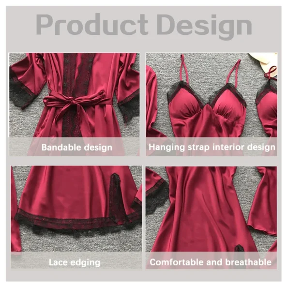 4 Pieces Sexy Lace  Nightdress Comfortable loungeware Pajamas Gown  for women Chest Sleepwear & Robes