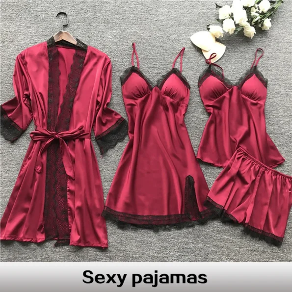 4 Pieces Sexy Lace  Nightdress Comfortable loungeware Pajamas Gown  for women Chest Sleepwear & Robes