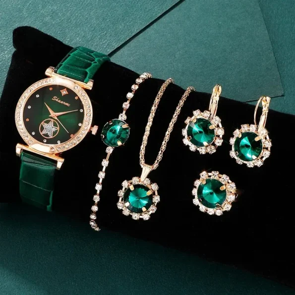 6PCS Set Green Luxury Quartz Watch Women Ring Necklace Earring Rhinestone Fashion Wristwatch Casual Ladies Bracelet Watches Green Gifts for Her