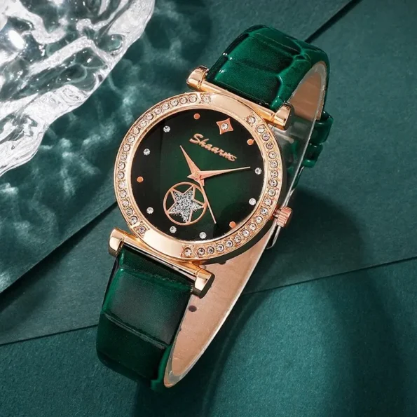 6PCS Set Green Luxury Quartz Watch Women Ring Necklace Earring Rhinestone Fashion Wristwatch Casual Ladies Bracelet Watches Green Gifts for Her