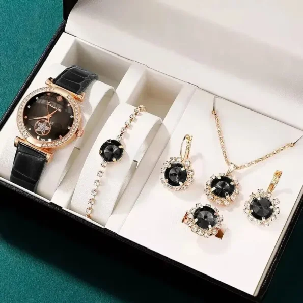 6PCS Set Green Luxury Quartz Watch Women Ring Necklace Earring Rhinestone Fashion Wristwatch Casual Ladies Bracelet Watches Green Gifts for Her