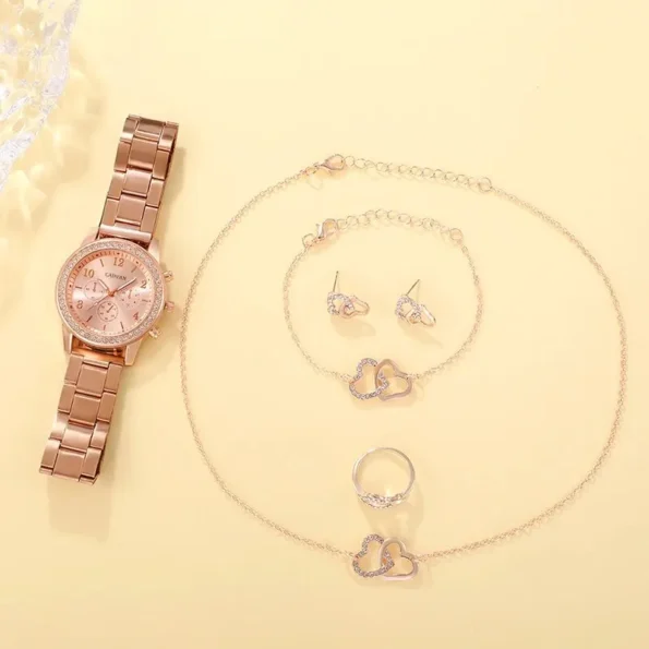 6PCS Set Rose Gold Luxury Watch Women Ring Necklace Earring Rhinestone Fashion Wristwatch Casual Ladies Bracelet Watches 6PCS Gifts for Her