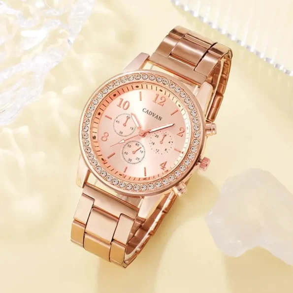 6PCS Set Rose Gold Luxury Watch Women Ring Necklace Earring Rhinestone Fashion Wristwatch Casual Ladies Bracelet Watches 6PCS Gifts for Her