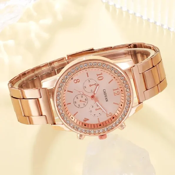 6PCS Set Rose Gold Luxury Watch Women Ring Necklace Earring Rhinestone Fashion Wristwatch Casual Ladies Bracelet Watches 6PCS Gifts for Her