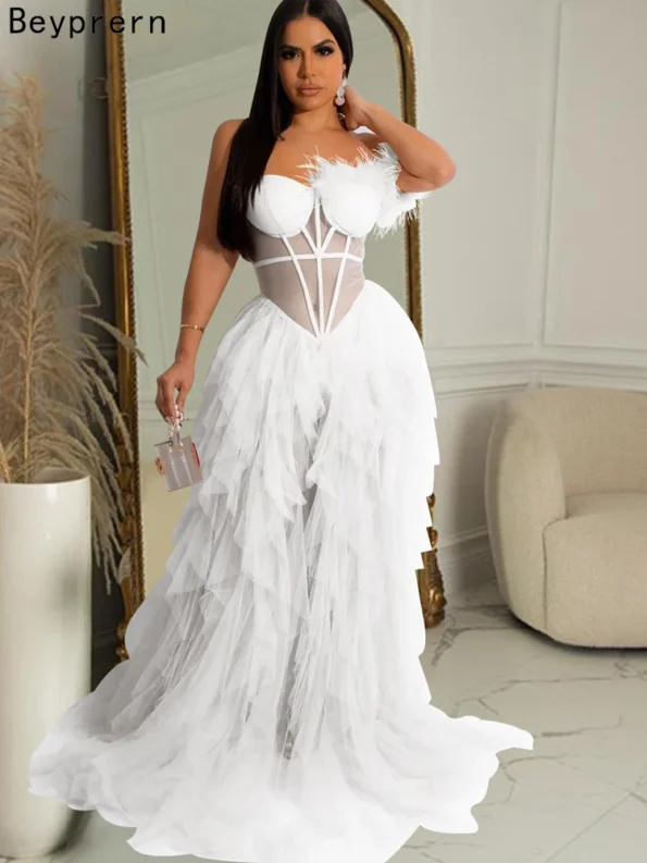 Elegant Beautiful Long Party Ruffles Feather Party  Dress Beyprern Cocktail Dresses