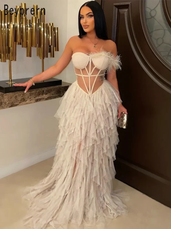 Elegant Beautiful Long Party Ruffles Feather Party  Dress Beyprern Cocktail Dresses
