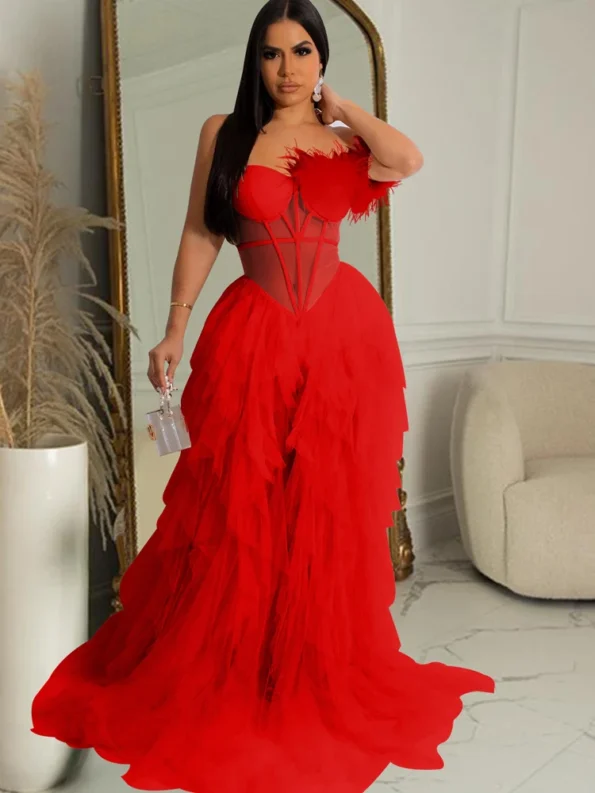 Beautiful Ruffles Chffion Party Feather Maxi Dress Cocktail Dresses