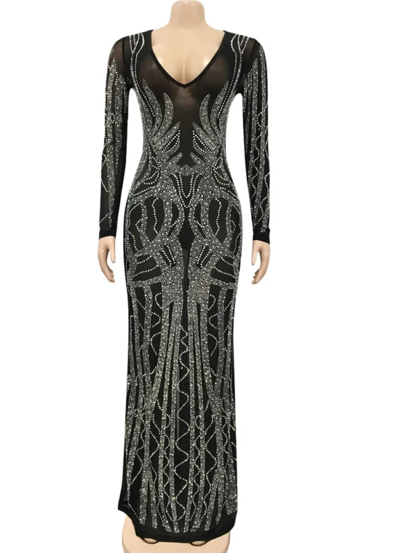 Beautiful Deep V Neck Rhinestone Maxi Dress Sexy Clubwear Special Occasion Outfits Gorgeous Crystal Gown For Women Clubwear Evening Dresses