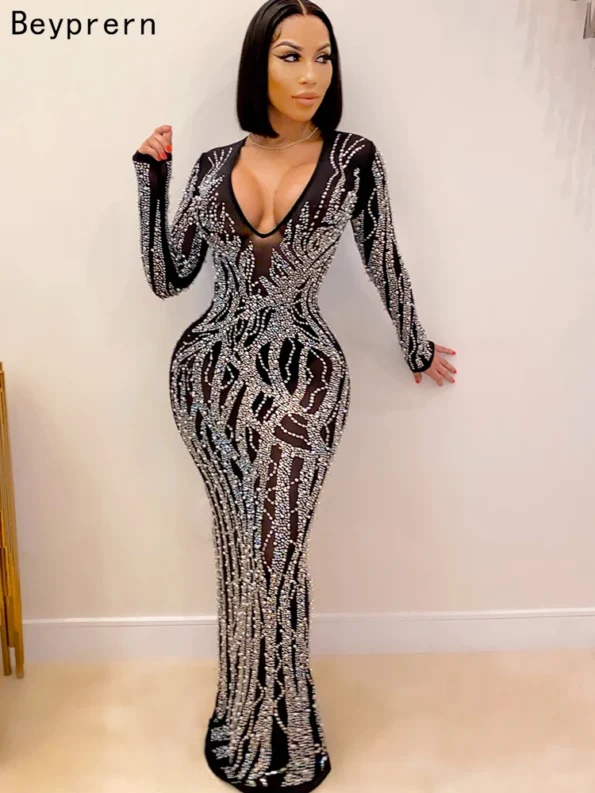 Beautiful Deep V Neck Rhinestone Maxi Dress Sexy Clubwear Special Occasion Outfits Gorgeous Crystal Gown For Women Clubwear Evening Dresses