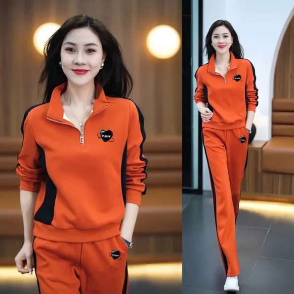 Casual sports suit for women with stand-up collar sweatshirt wide-leg pants two-piece set collar Jumpsuits