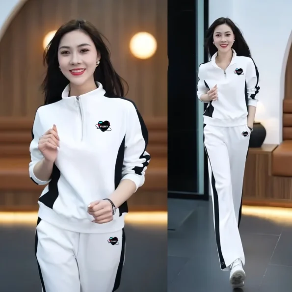 Casual sports suit for women with stand-up collar sweatshirt wide-leg pants two-piece set collar Jumpsuits