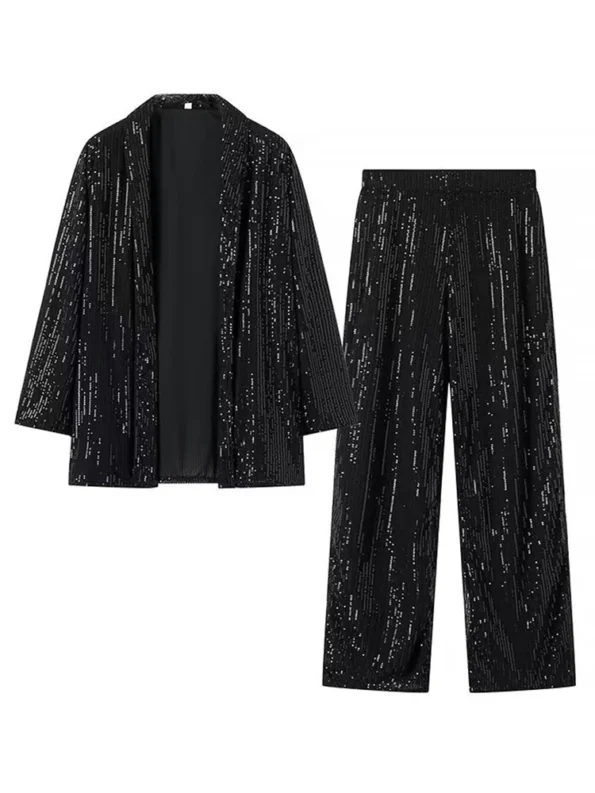 Two Piece Suit Wide Leg Pants New Lapel Long Sleeve Silvery Sequine EAM  Loose Fit  for Women 30A2442 Cocktail Dresses