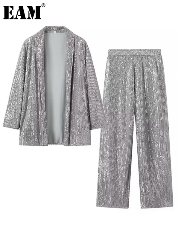 Two Piece Suit Wide Leg Pants New Lapel Long Sleeve Silvery Sequine EAM  Loose Fit  for Women 30A2442 Cocktail Dresses