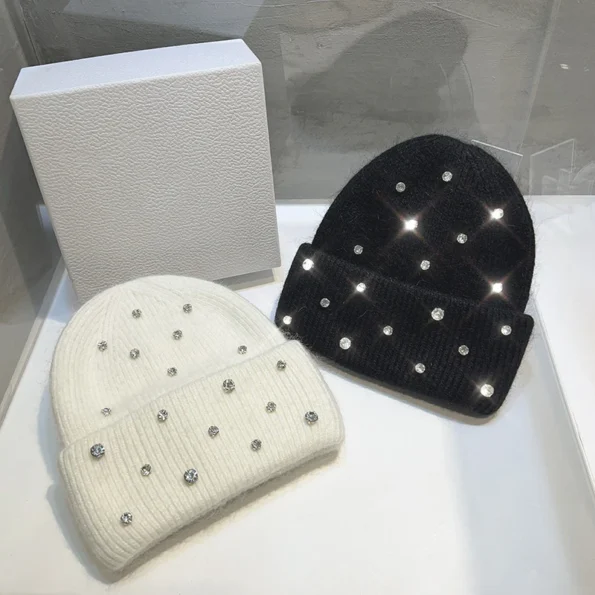 Soft Knitted Hat Autumn, Winter Beanie Hats for Women and Girls with Pearl Rhinestones Beanie General Items