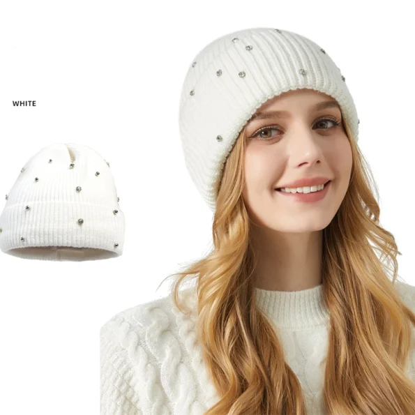 Soft Knitted Hat Autumn, Winter Beanie Hats for Women and Girls with Pearl Rhinestones Beanie General Items