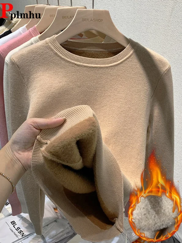 O Neck Winter Sweater For Women Thicken Slim Soft Knitted Tops Plus Velvet Long Sleeve Pullover Casual Warm Malhas Jerseys Jerseys Sweaters