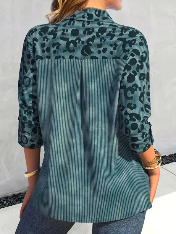 Casual Blouse, Women’s Plus Colorblock Leopard Print Ribbed Long Sleeve Button Up Lapel Collar Shirt Blouse Tops & Tees