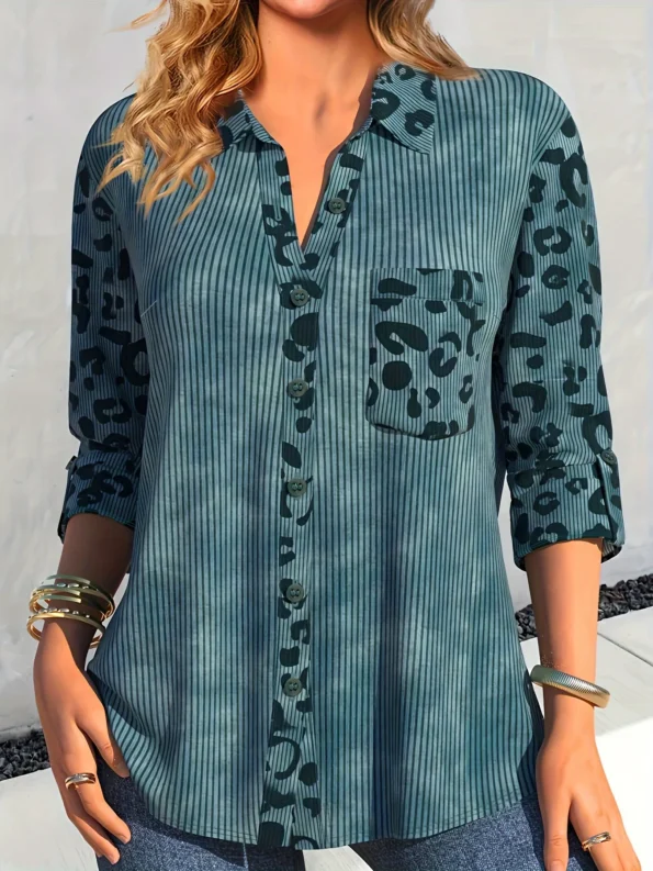 Casual Blouse, Women’s Plus Colorblock Leopard Print Ribbed Long Sleeve Button Up Lapel Collar Shirt Blouse Tops & Tees