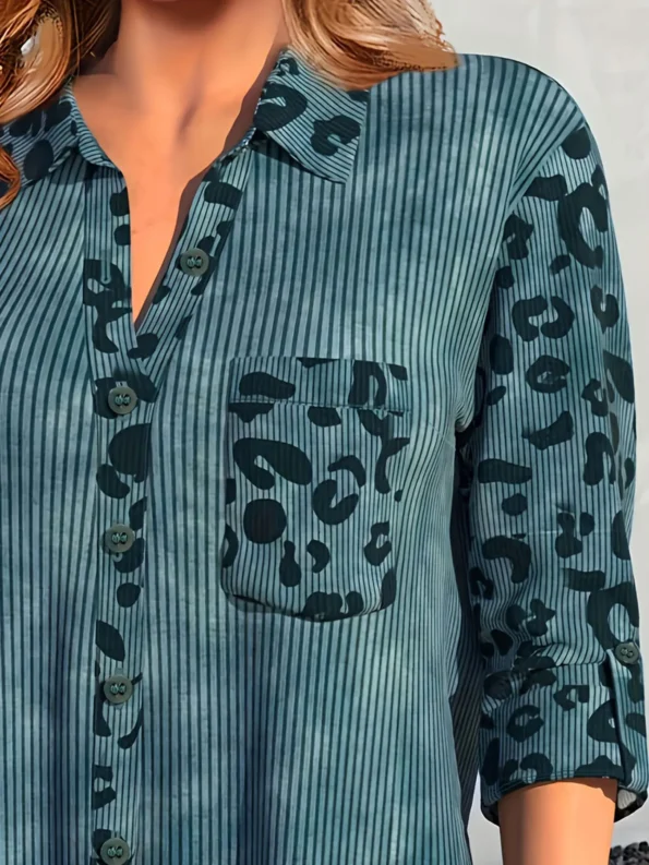 Casual Blouse, Women’s Plus Colorblock Leopard Print Ribbed Long Sleeve Button Up Lapel Collar Shirt Blouse Tops & Tees