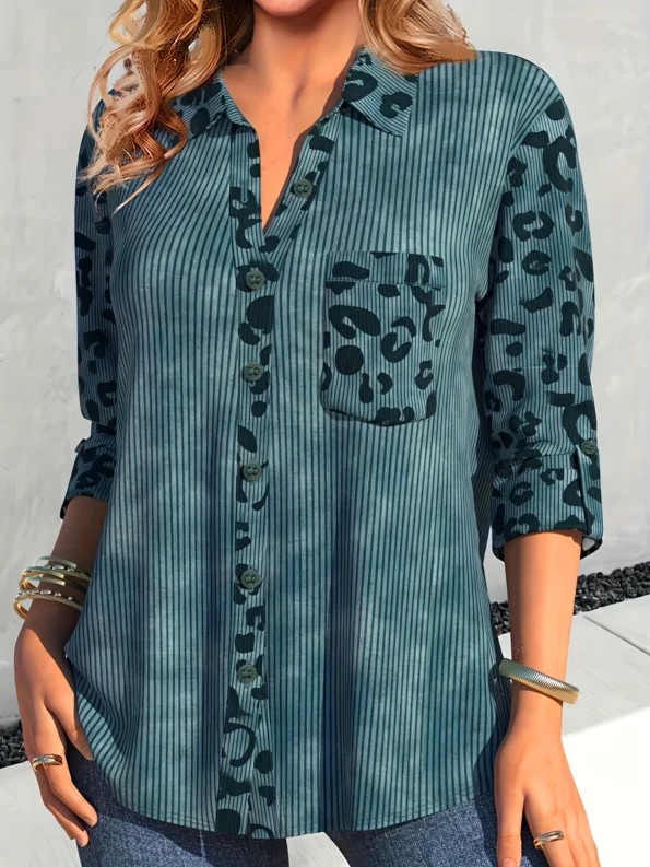 Casual Blouse, Women’s Plus Colorblock Leopard Print Ribbed Long Sleeve Button Up Lapel Collar Shirt Blouse Tops & Tees