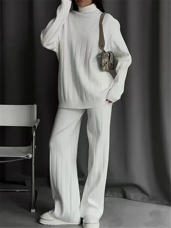 Autumn Winter 2 Pieces White Women’s Sets Knitted Tracksuit Turtleneck Sweater and Straight Jogging Pant Suits 2023 Girl Clothing Sets