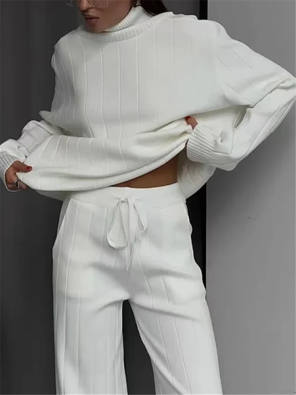 Autumn Winter 2 Pieces White Women’s Sets Knitted Tracksuit Turtleneck Sweater and Straight Jogging Pant Suits 2023 Girl Clothing Sets