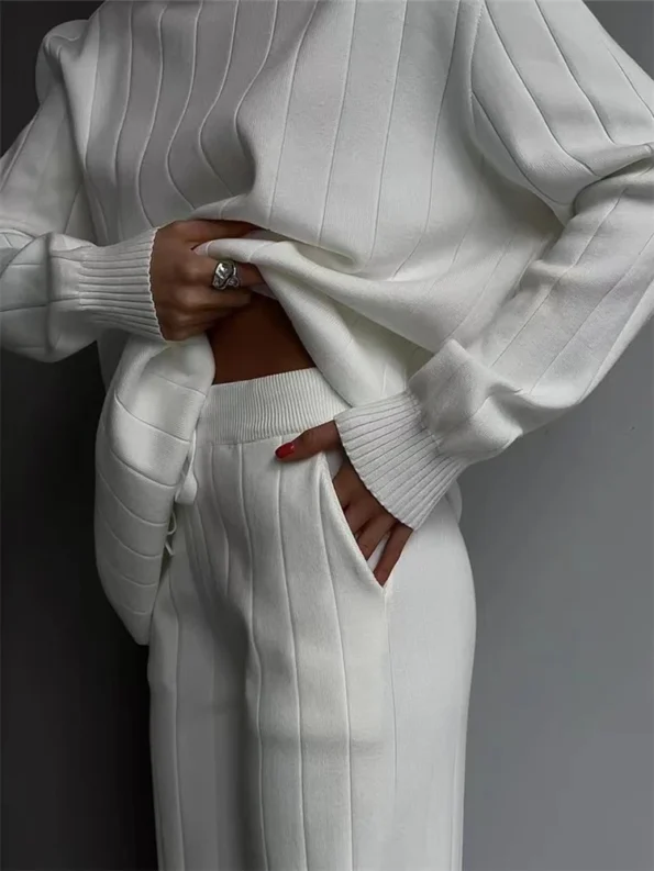 Autumn Winter 2 Pieces White Women’s Sets Knitted Tracksuit Turtleneck Sweater and Straight Jogging Pant Suits 2023 Girl Clothing Sets