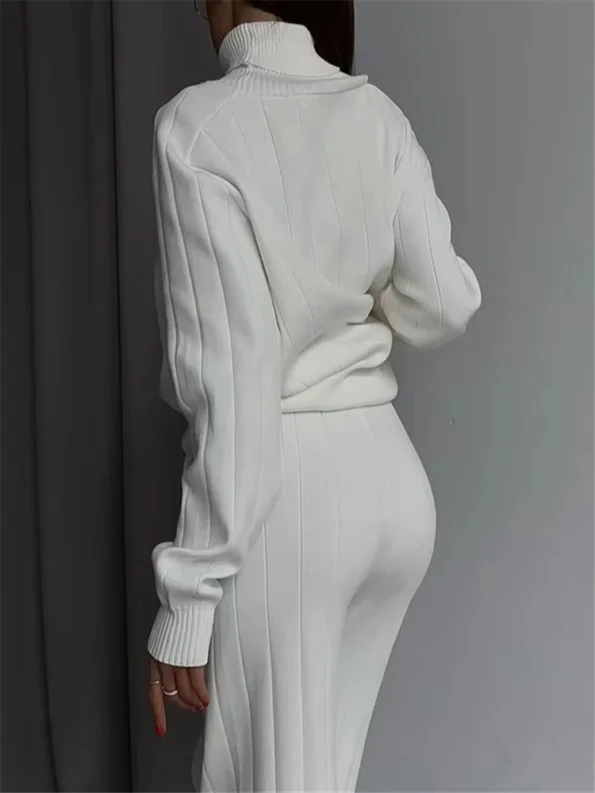 Autumn Winter 2 Pieces White Women’s Sets Knitted Tracksuit Turtleneck Sweater and Straight Jogging Pant Suits 2023 Girl Clothing Sets