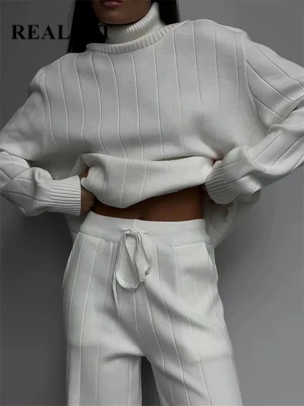 Autumn Winter 2 Pieces White Women’s Sets Knitted Tracksuit Turtleneck Sweater and Straight Jogging Pant Suits 2023 Girl Clothing Sets