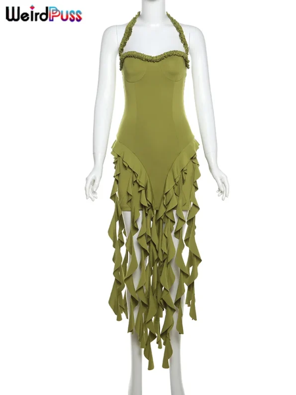 Tassel Hem Summer Sexy Dress Women Backless Halter Party  Birthday Party Split Midnight Club Bodycon Backless Evening Dresses