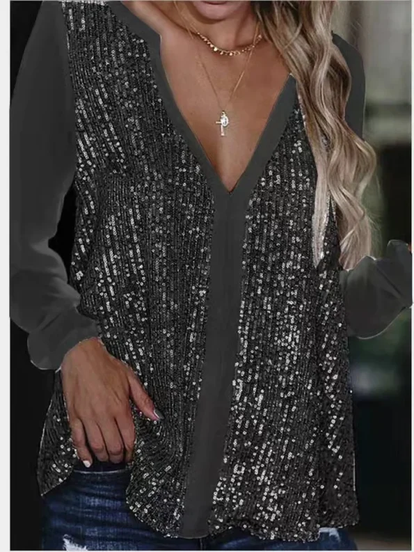 Plus Size V Neck Casual Loose Sequin Ladies Tops blouse shirts for women Sequin Tops & Tees