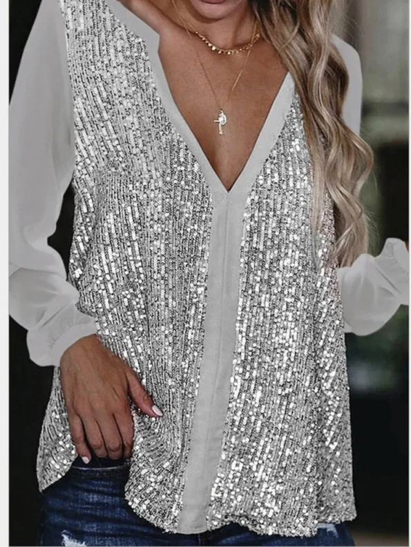 Plus Size V Neck Casual Loose Sequin Ladies Tops blouse shirts for women Sequin Tops & Tees