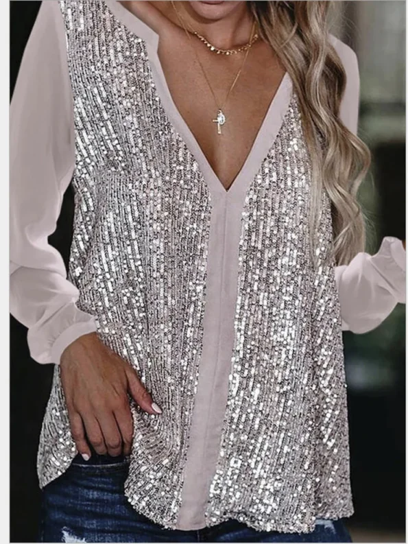 Plus Size V Neck Casual Loose Sequin Ladies Tops blouse shirts for women Sequin Tops & Tees