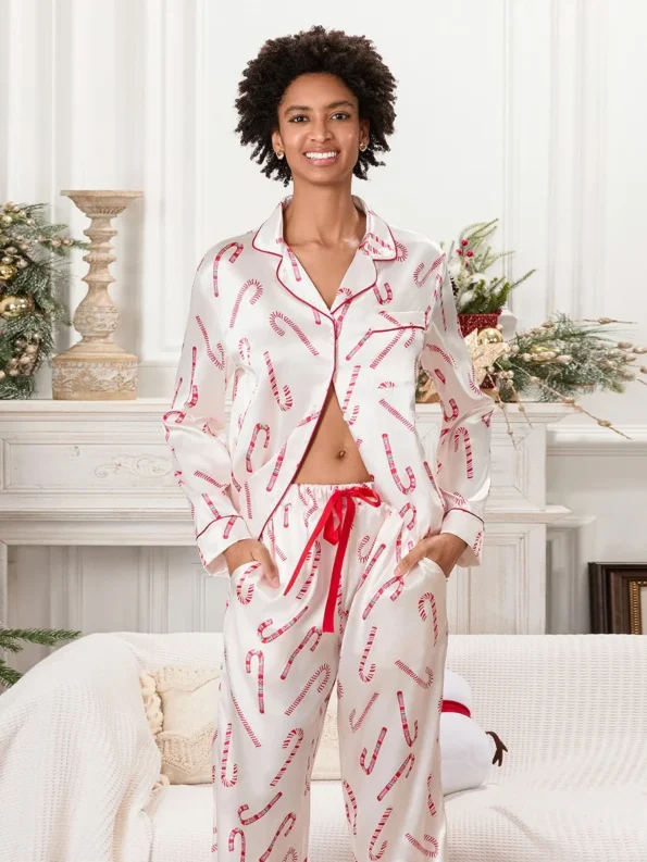 Christmas Pajama  2 Piece Set Long Sleeve Candy Cane Print Button Shirt Pants Set Loungewear for women Candy Season Items