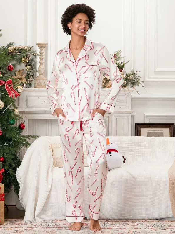 Christmas Pajama  2 Piece Set Long Sleeve Candy Cane Print Button Shirt Pants Set Loungewear for women Candy Season Items
