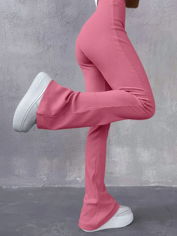 Women’s Sexy Slim Pants Ribbed Solid Color Pants High Waisted Flared Pants Showing Longer Legs All-match Sports Long Pants Flared Pants & Capris