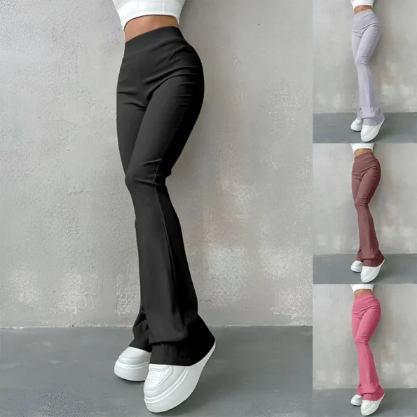 Women’s Sexy Slim Pants Ribbed Solid Color Pants High Waisted Flared Pants Showing Longer Legs All-match Sports Long Pants Flared Pants & Capris