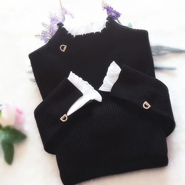 Turtleneck Women Sweaters Lace Patchwork Female Warm Pullovers Autumn Elegant Chic Flare Sleeve Ladies Casual Tops Chic Sweaters