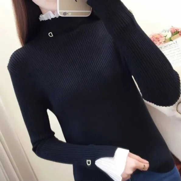 Turtleneck Women Sweaters Lace Patchwork Female Warm Pullovers Autumn Elegant Chic Flare Sleeve Ladies Casual Tops Chic Sweaters