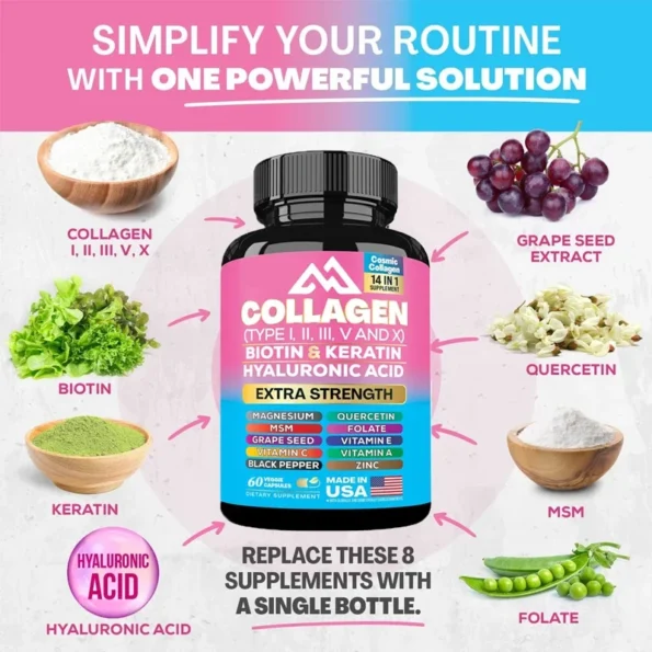 Collagen Capsules Type I, II, III, V and X Vitamin A, C, E, Zinc, Magnesium Folate with Grape Seed Extract, Quercetin (60 Capsules) Capsules) Herbs & Vitamins